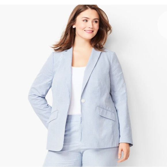 Talbots Seersucker Blue and White Stripe One Button Lined Blazer Sz 10 - Picture 3 of 7